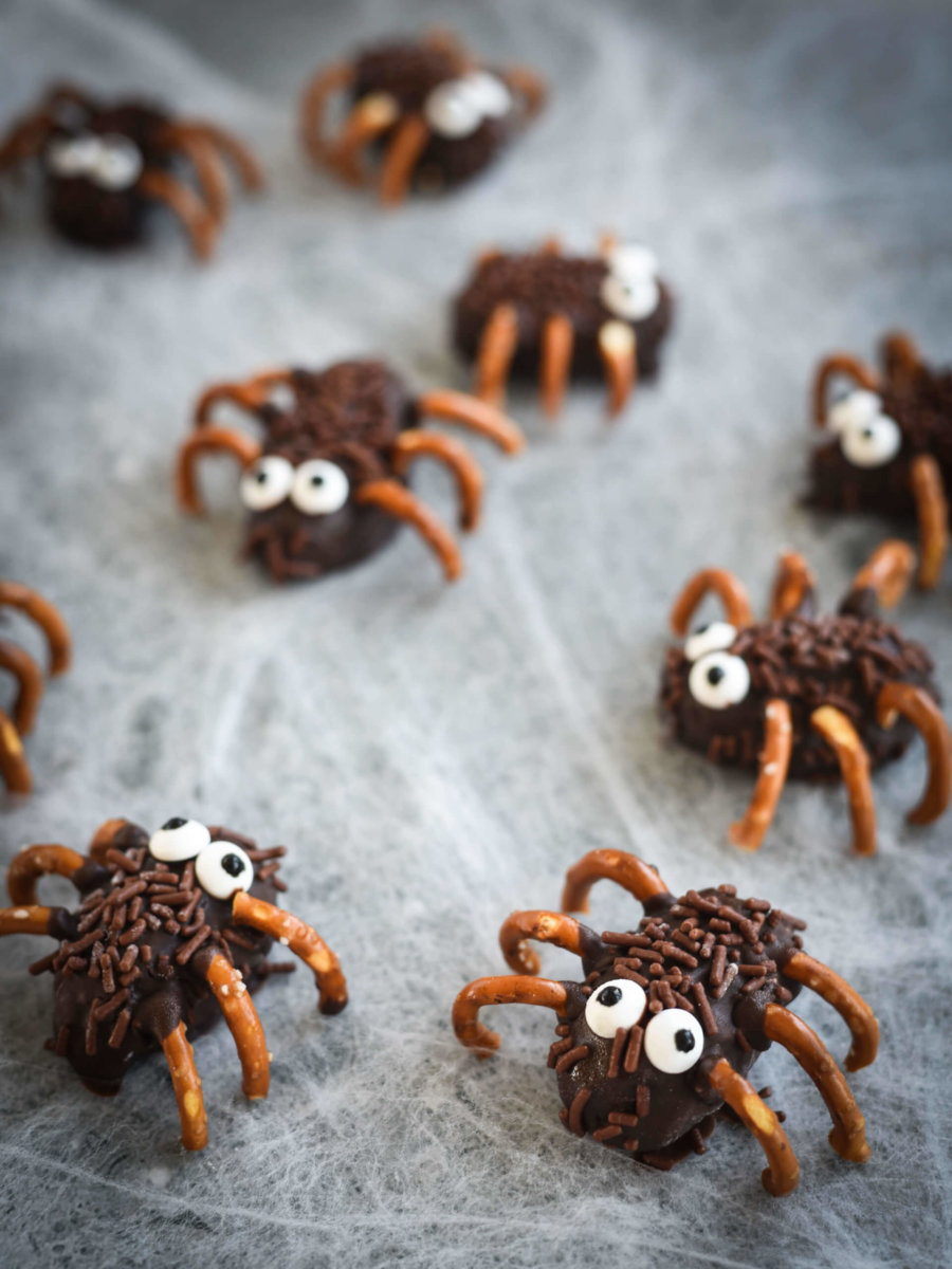 A picture of chocolate covered dates that look like spiders