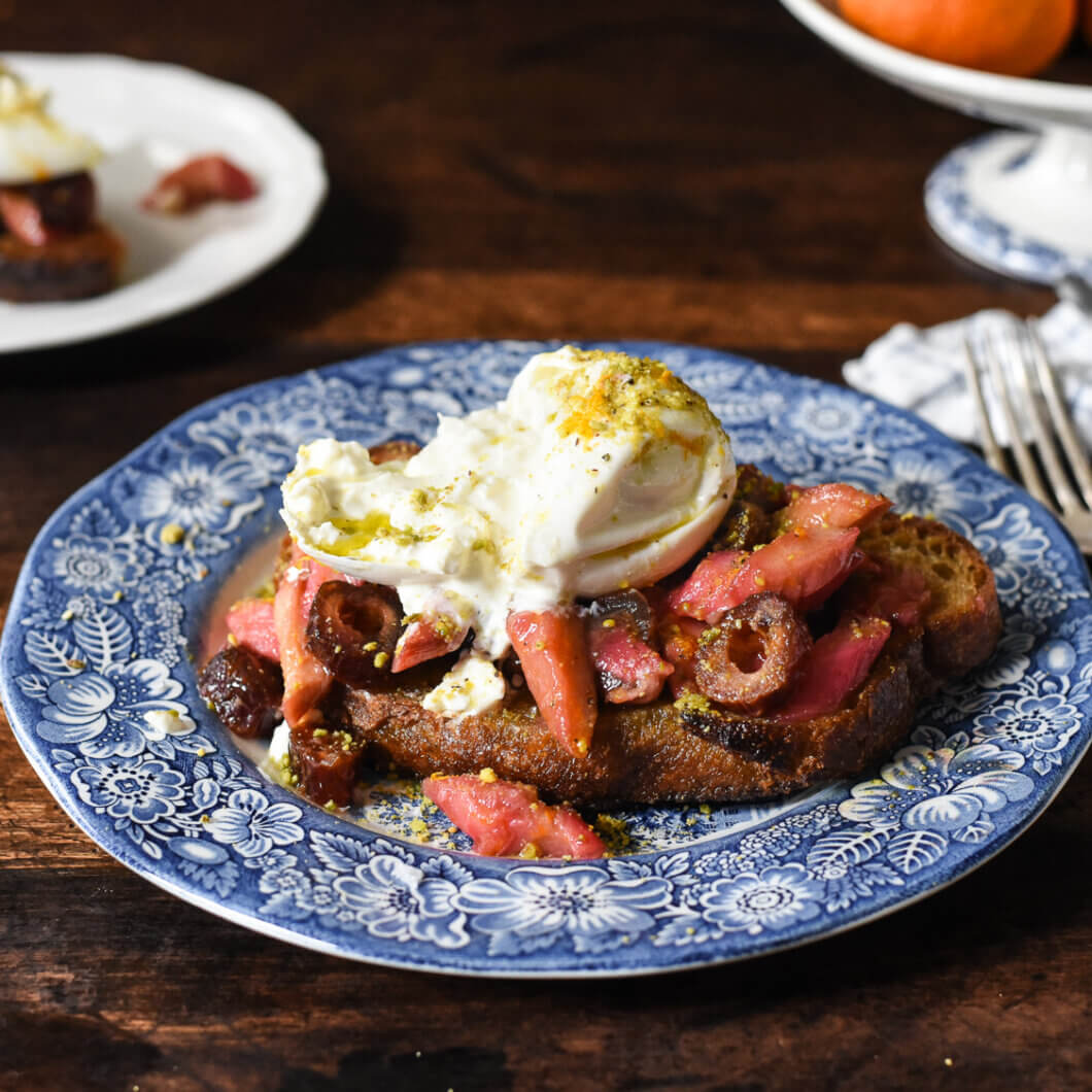 Roasted Rhubarb & Burrata Toast with Medjool Dates and Pistachios