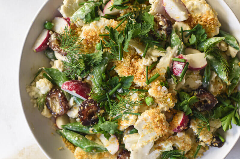 Shaved Cauliflower Salad with Date Coins & Miso-Tahini Dressing