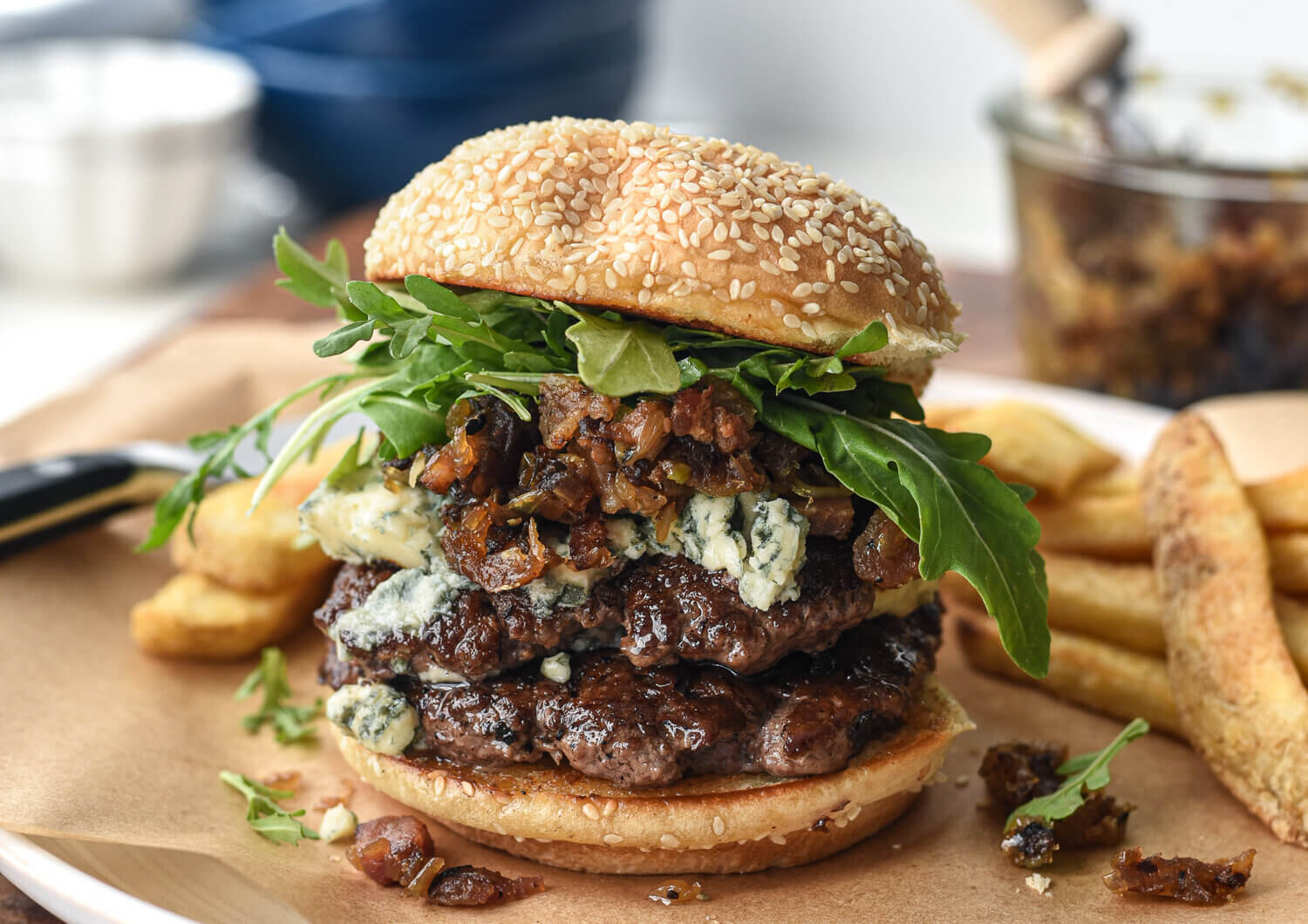 Blue Cheese Smash Burger with Bacon, Date & Onion Relish