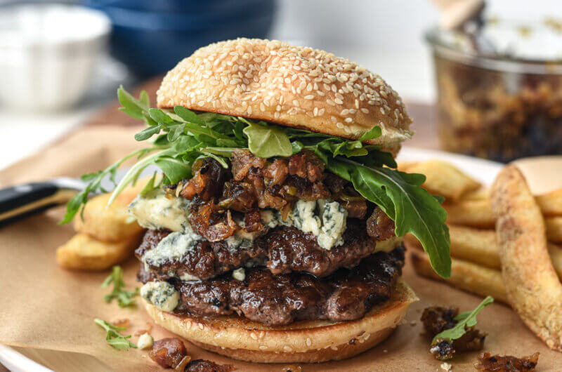 Blue Cheese Smash Burger with Bacon, Date & Onion Relish